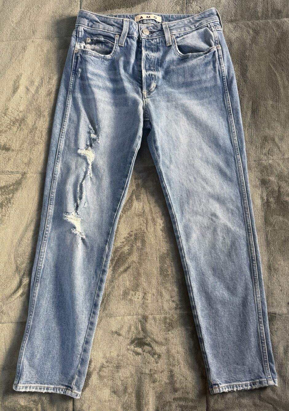 AMO Tomboy Crop Jeans Womens 27 Blue Distressed Button Fly Air Wash Denim